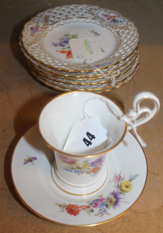 Set of six Meissen floral-decorated side plates with pierced borders & a cup and saucer